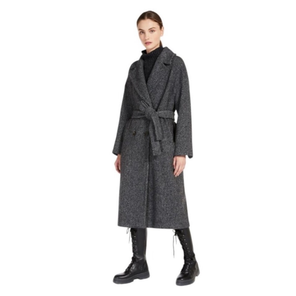 MaxMara Calais virgin wool and silk long coat in grey herringbone pattern